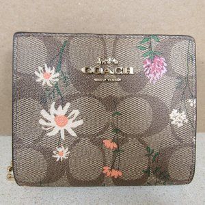 Coach Snap Wallet In Signature Canvas With Wildflower Print, Gold/Khaki Multi